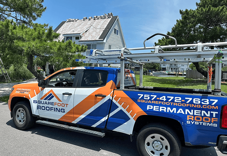 Square Foot Roofing truck with ladder rack