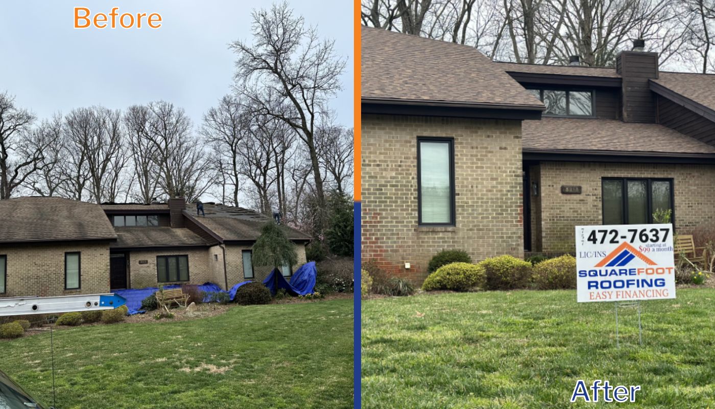 Square foot roofing before and after of brown roof of light brown brick home.