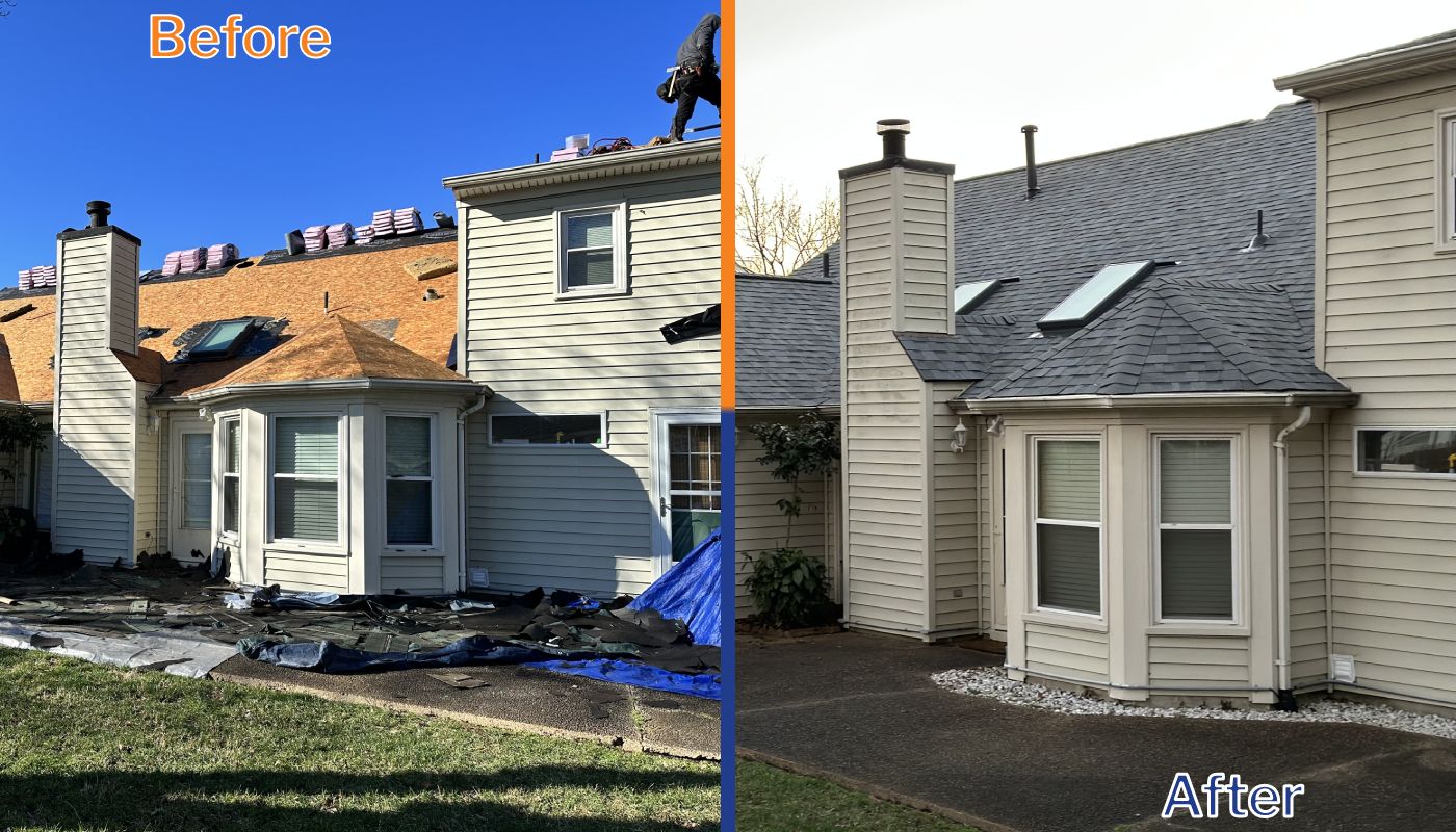 Square foot roofing before and after photo of white multi unit home with gray roof.